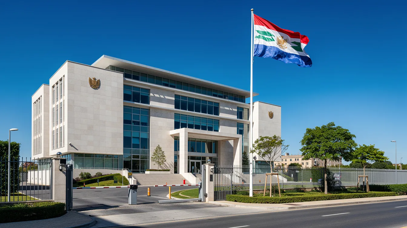 The image shows the exterior of a large embassy building, prominently featuring a national flag against a clear blue sky. This embassy serves as a vital location for visa applications and other diplomatic services for travelers and citizens seeking to visit or work in the country.