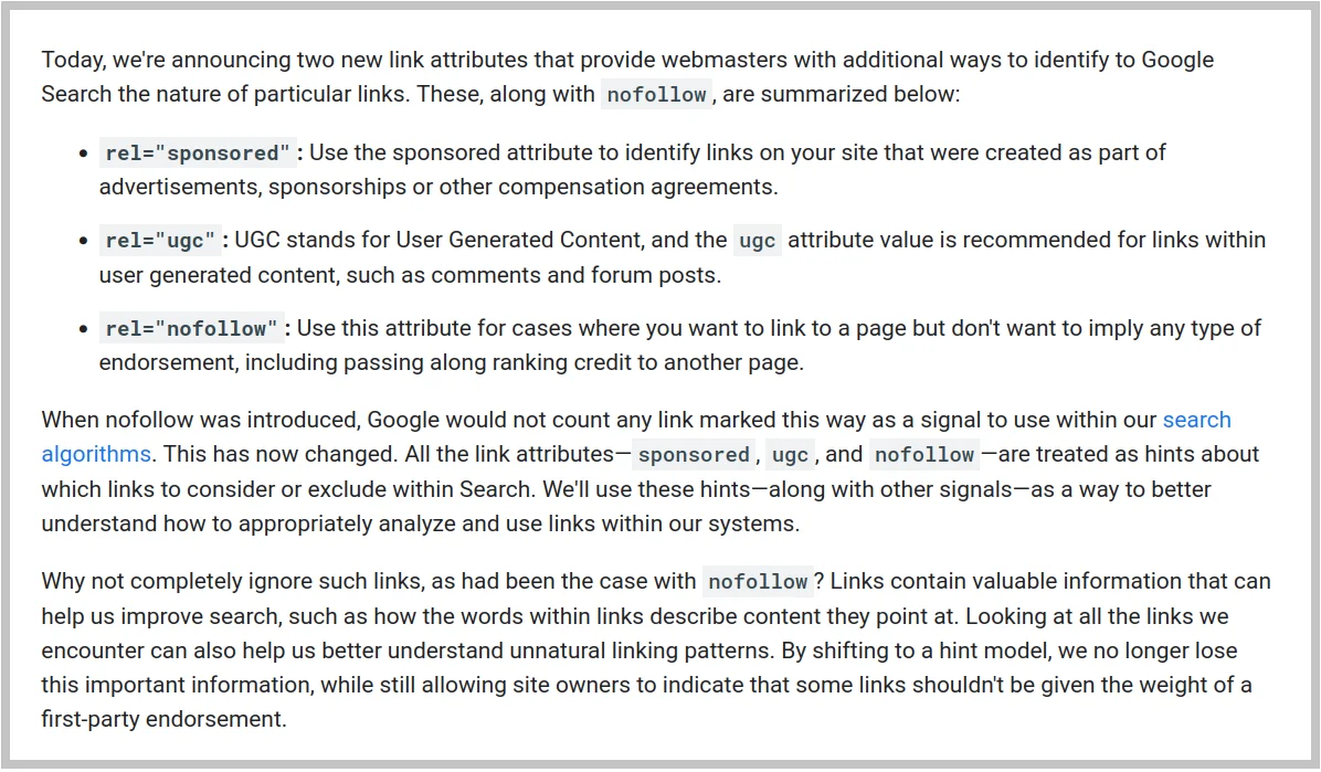 Google NoFollow Sponsored UGC Link Attribute Guidelines