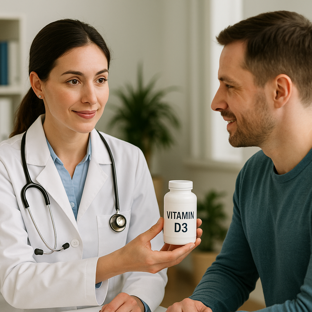 Female doctor handing male patient a bottle of Vitamin D3 supplement.