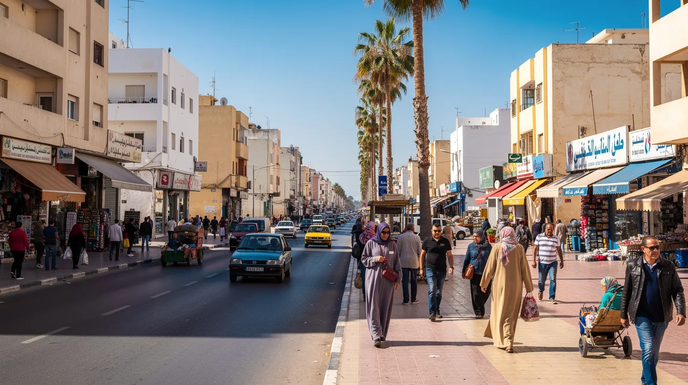 The image depicts a bustling street in Casablanca, filled with pedestrians navigating past commercial buildings, showcasing the vibrant urban life of the city. The scene captures the essence of daily activities, as people engage in shopping and socializing amidst the backdrop of modern architecture.
