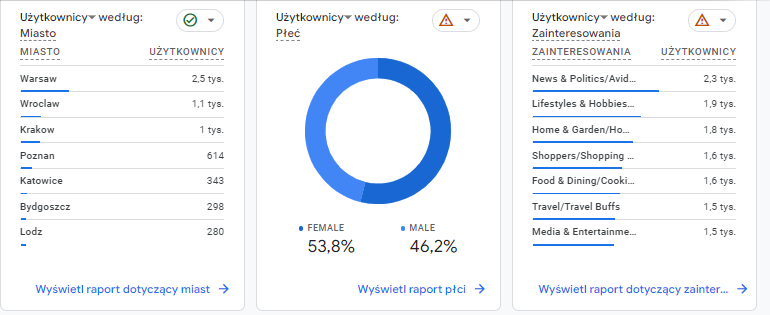 Dane z Google Analytics: miasto, płeć i zainteresowania użytkowników strony internetowej.