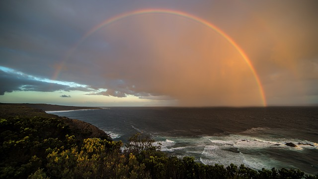 rainbow, coast, sunset