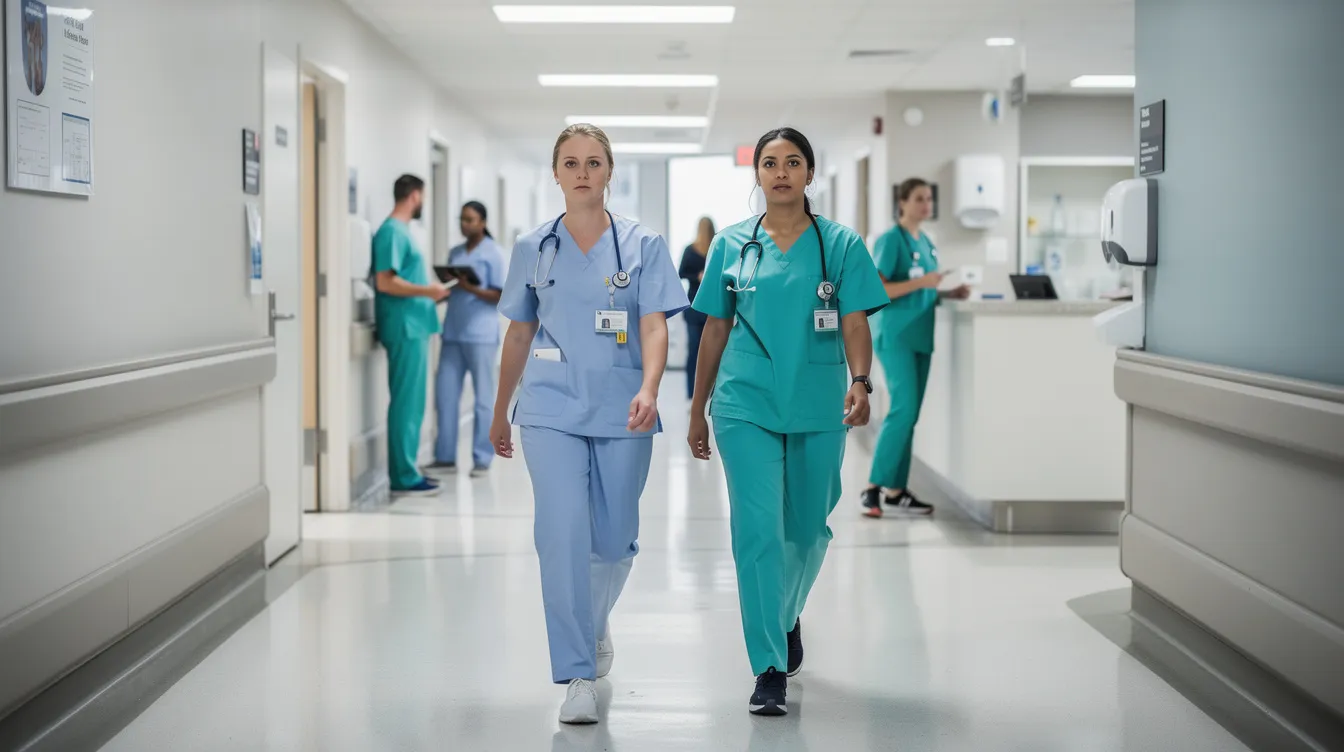 The image shows healthcare workers in scrubs walking through a hospital corridor, highlighting the vital role of medical professionals in the healthcare system. Their presence reflects the ongoing need for support in hospitals, particularly in the context of recent migration figures related to healthcare workers.