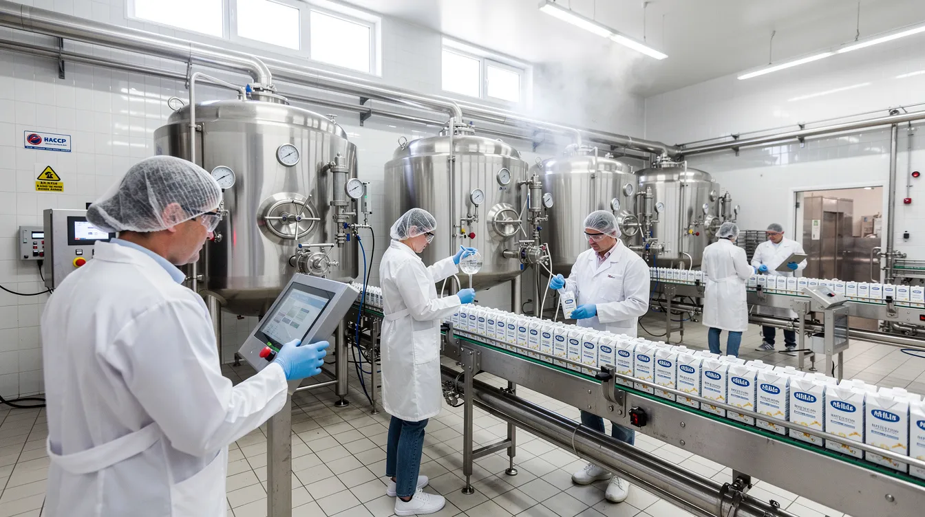 The image depicts workers operating advanced machinery on the production floor of a modern dairy processing plant, focusing on the uht milk processing and quality control of various dairy products. The environment is bustling with activity as raw milk is transformed into pasteurized milk and milk powder, highlighting the efficiency of the dairy business.