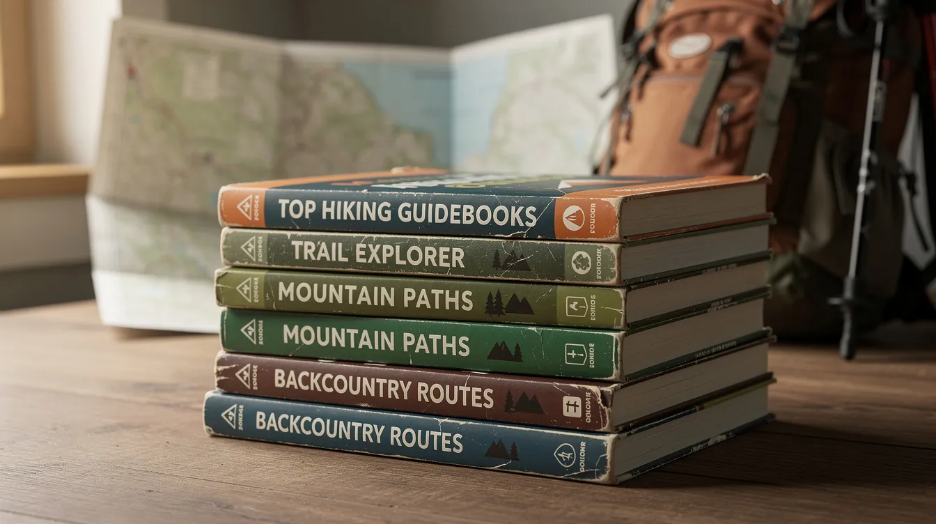 A collection of top hiking guidebooks is displayed, showcasing various titles that provide useful tips for hiking adventures, including detailed maps and routes for day hikes on trails like the Appalachian Trail. These guidebooks serve as a definitive resource for hikers planning their next outdoor adventure, offering insights into safety, gear, and the history of the landscapes they will explore.