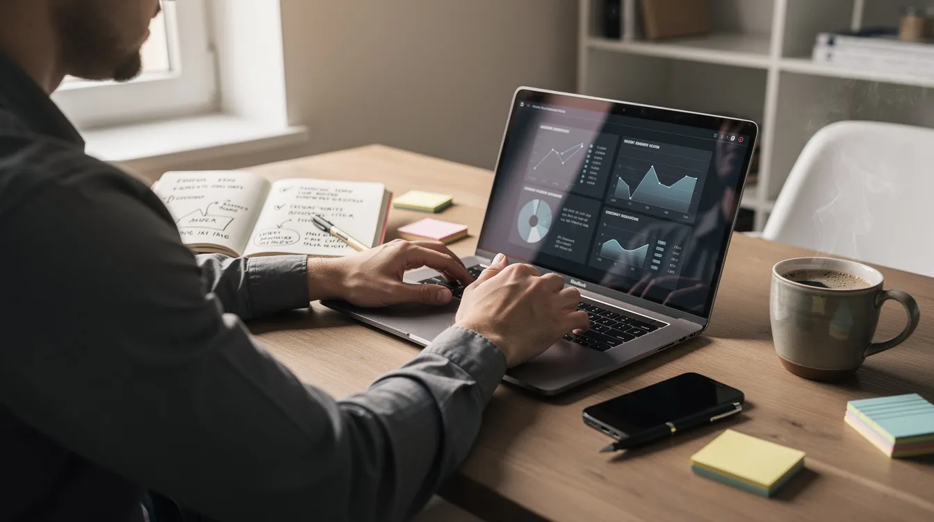 An entrepreneur is focused on their laptop, surrounded by notes and a steaming cup of coffee, as they prepare a professional pitch deck presentation. The workspace reflects a blend of creativity and organization, essential for crafting a compelling narrative that will attract potential investors.