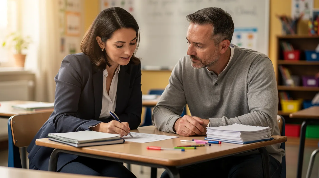 A parent and teacher are seated together at a school desk, collaboratively reviewing documents that likely pertain to supporting autistic children in mainstream education. Their focused engagement highlights the importance of effective strategies and diverse learning resources for students with special educational needs.