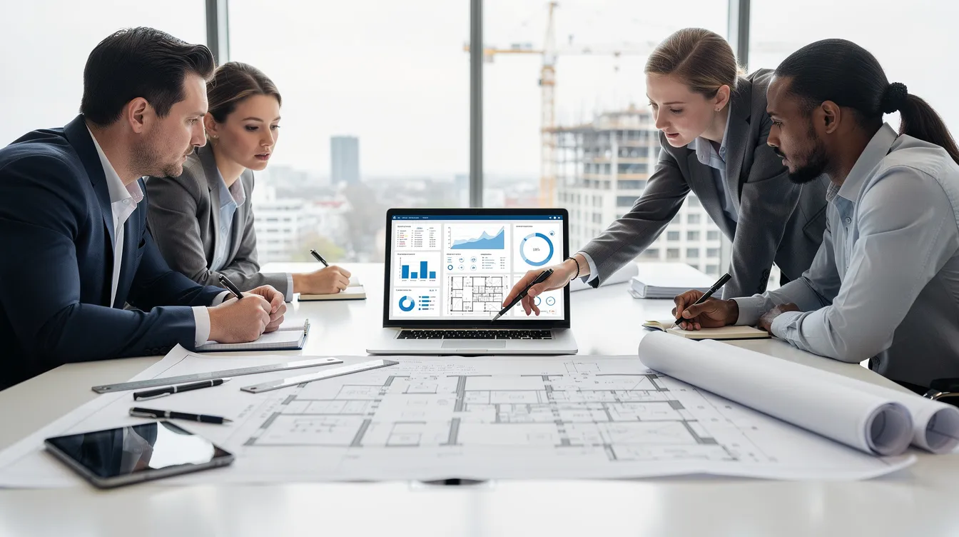 A diverse team of professionals is gathered around a conference table, intently reviewing data displayed on a laptop screen, while construction plans are spread out before them. This scene illustrates collaboration and analysis, essential skills for those pursuing a digital marketing apprenticeship or registered apprenticeship programs in fields like business development and marketing.