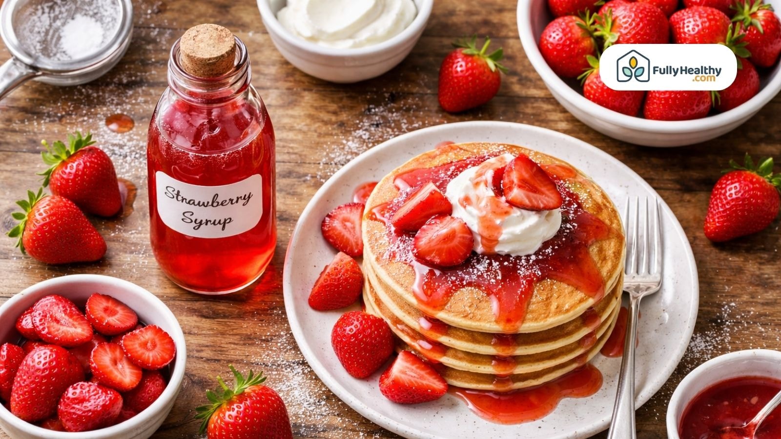 Pancakes topped with strawberry syrup whipped cream and fresh strawberries on table