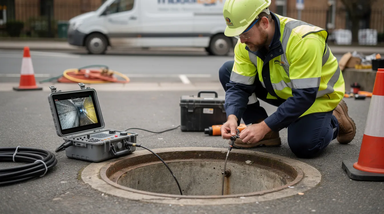 A drainage engineer is seen preparing a compact CCTV camera system next to an inspection chamber, which is essential for conducting a professional CCTV drain survey to identify any issues within the underground drainage system. This setup is crucial for detecting problems like blocked drains or collapsed pipes, helping to prevent costly repairs in both domestic and commercial properties.