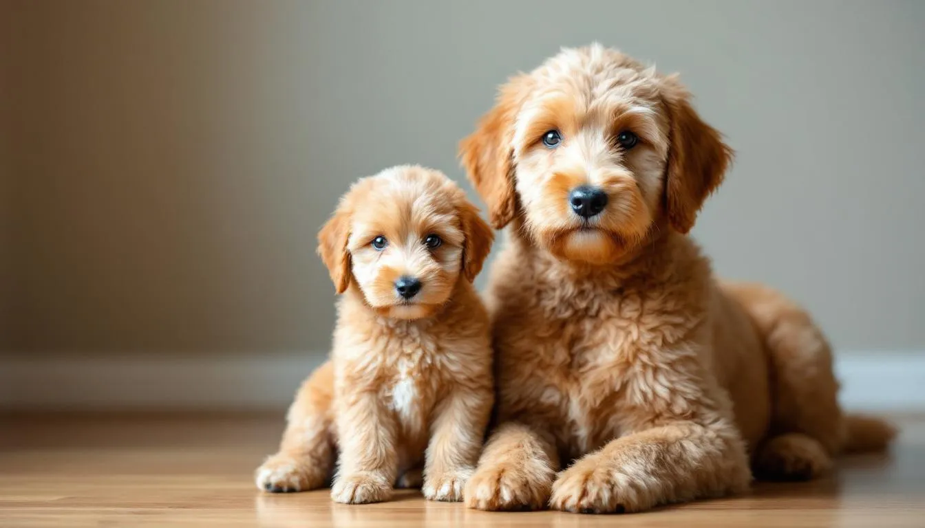 A mini goldendoodle puppy sits next to an adult golden retriever, showcasing a clear size comparison between the two. The puppy