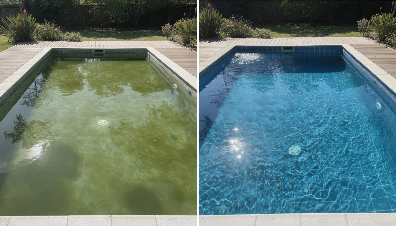 The image shows a before and after comparison of a swimming pool, where the left side displays cloudy green pool water, indicating poor water chemistry and potential algae growth, while the right side reveals crystal clear blue water, showcasing effective pool maintenance and proper chemical balance. This transformation highlights the importance of pool chemicals and filtration systems in achieving sparkling swimming pool water.
