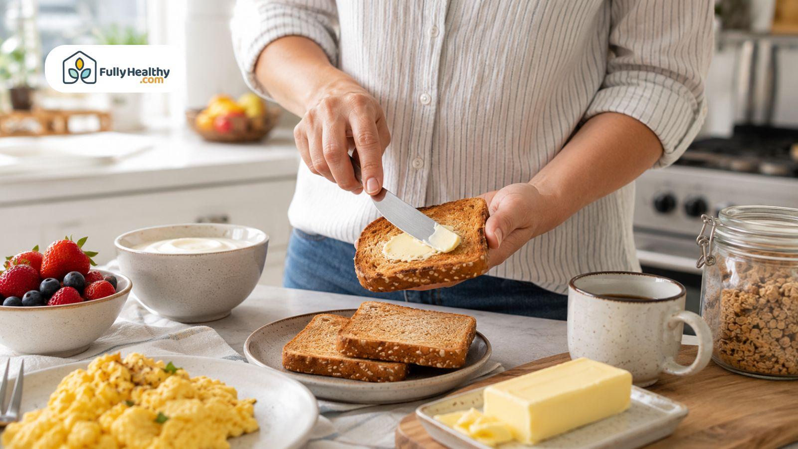 Home cook spreading butter onto freshly toasted gluten-free bread during breakfast.
