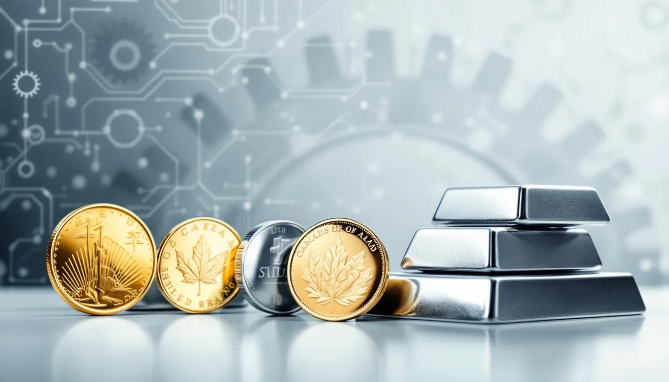 An image of different investment vehicles for precious metals, including coins and ETFs.