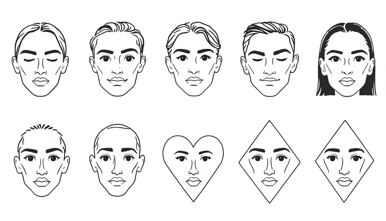 En la imagen se presentan diferentes formas de rostro ilustradas profesionalmente, destacando características como la mandíbula, los pómulos y la frente, elementos clave en el estudio del visagismo. Cada rostro refleja la belleza natural y las proporciones que un estilista considera al diseñar cortes de cabello y maquillaje adecuados para cada persona.