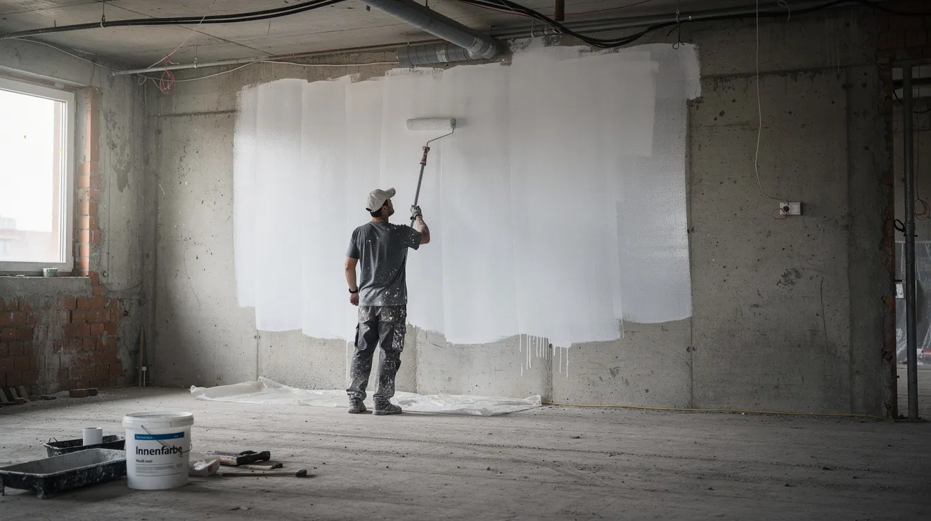 Eine Person streicht mit einer Farbrolle eine Wand in einem Rohbau, um das zukünftige Eigenheim zu gestalten. Dieser Schritt ist wichtig beim Hauskauf, da die Eigenleistungen zur Verbesserung des Wertes der Immobilie beitragen können.