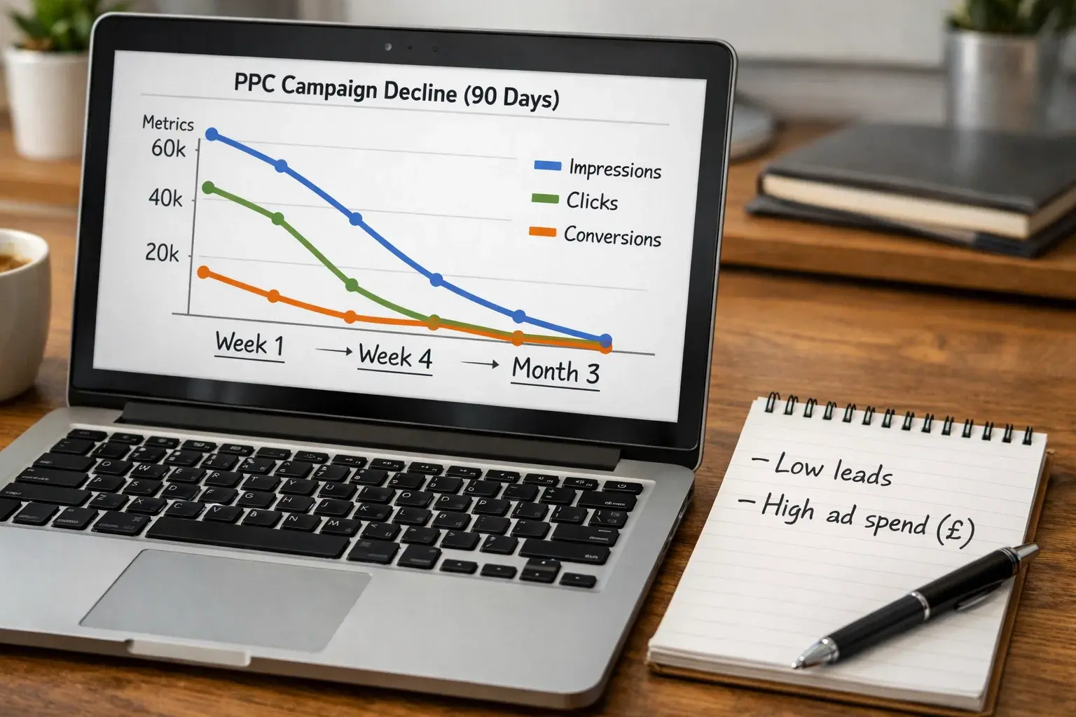 PPC campaign performance declining over 90 days with clear analytics and £ ad spend notes