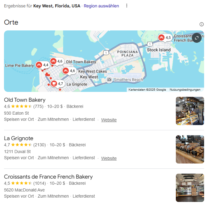 Die 3 besten Ergebnisse erscheinen im Local Pack am Besipiel "Bakery Key West"