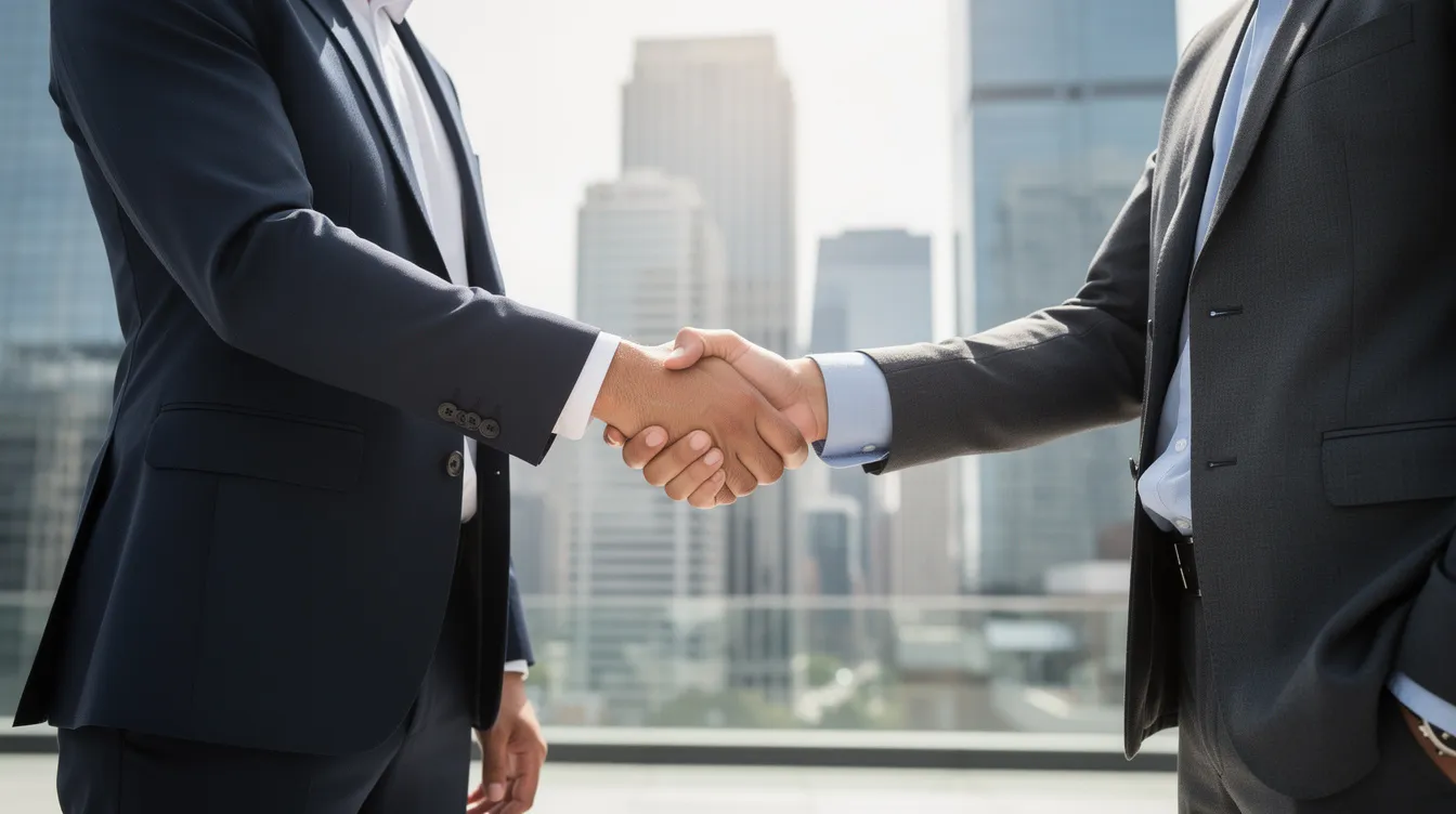 bebe329f 994c 477c ac8a 05b3bd05db5a The image depicts a professional handshake between two individuals in business attire, set against a vibrant city skyline. This moment signifies a pivotal agreement in the startup funding process, reflecting investor confidence and the potential for future cash flows in the dynamic market environment.