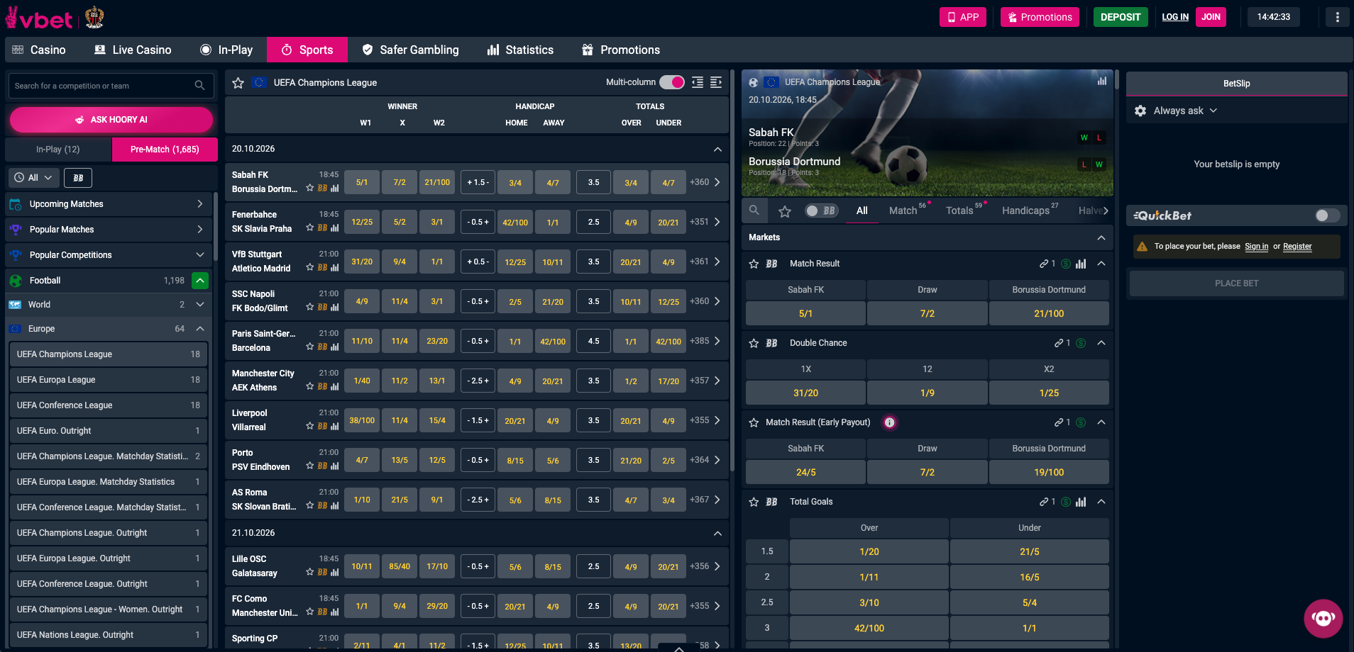 VBET sportsbook interface showing Champions League football markets, pre match betting odds and handicap markets.
