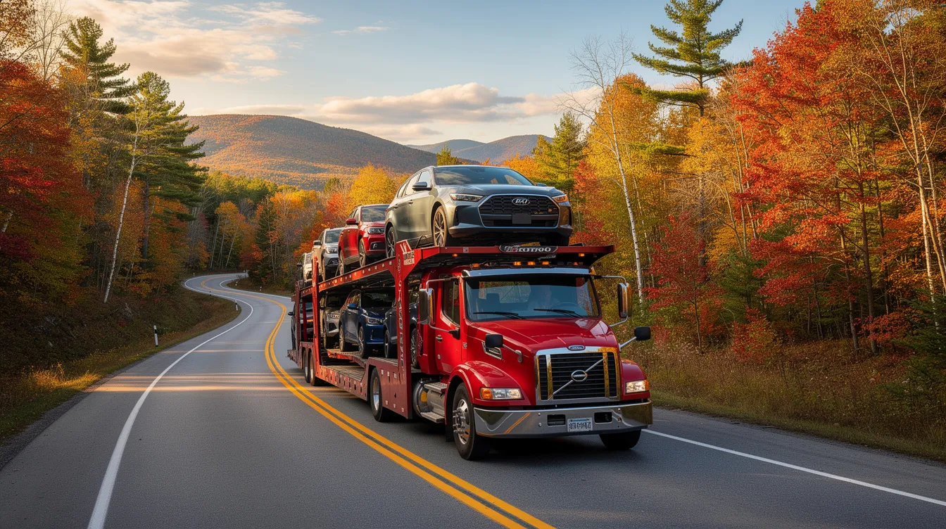 A car carrier truck is driving along a scenic highway in New Hampshire, surrounded by lush green trees and the picturesque landscape of the Granite State. This image represents the auto transport services available in New Hampshire, highlighting the beauty of the region while transporting vehicles safely.