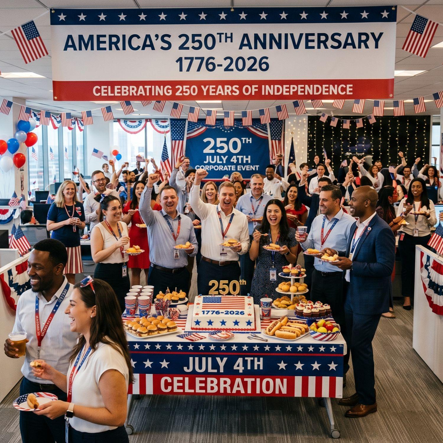 Corporate office July 4th, 250 years of independence. America themed celebrations with balloons, banners, flags and cake.