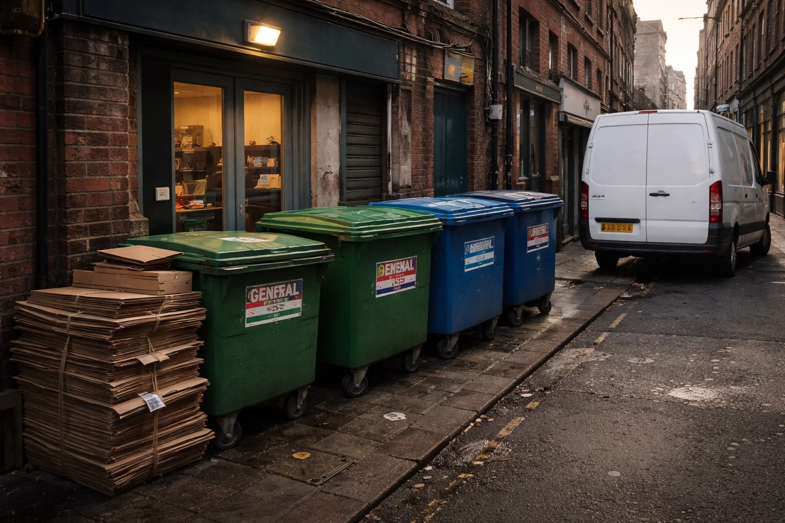 Commercial waste bins behind a Manchester shop with flattened cardboard ready for collection.