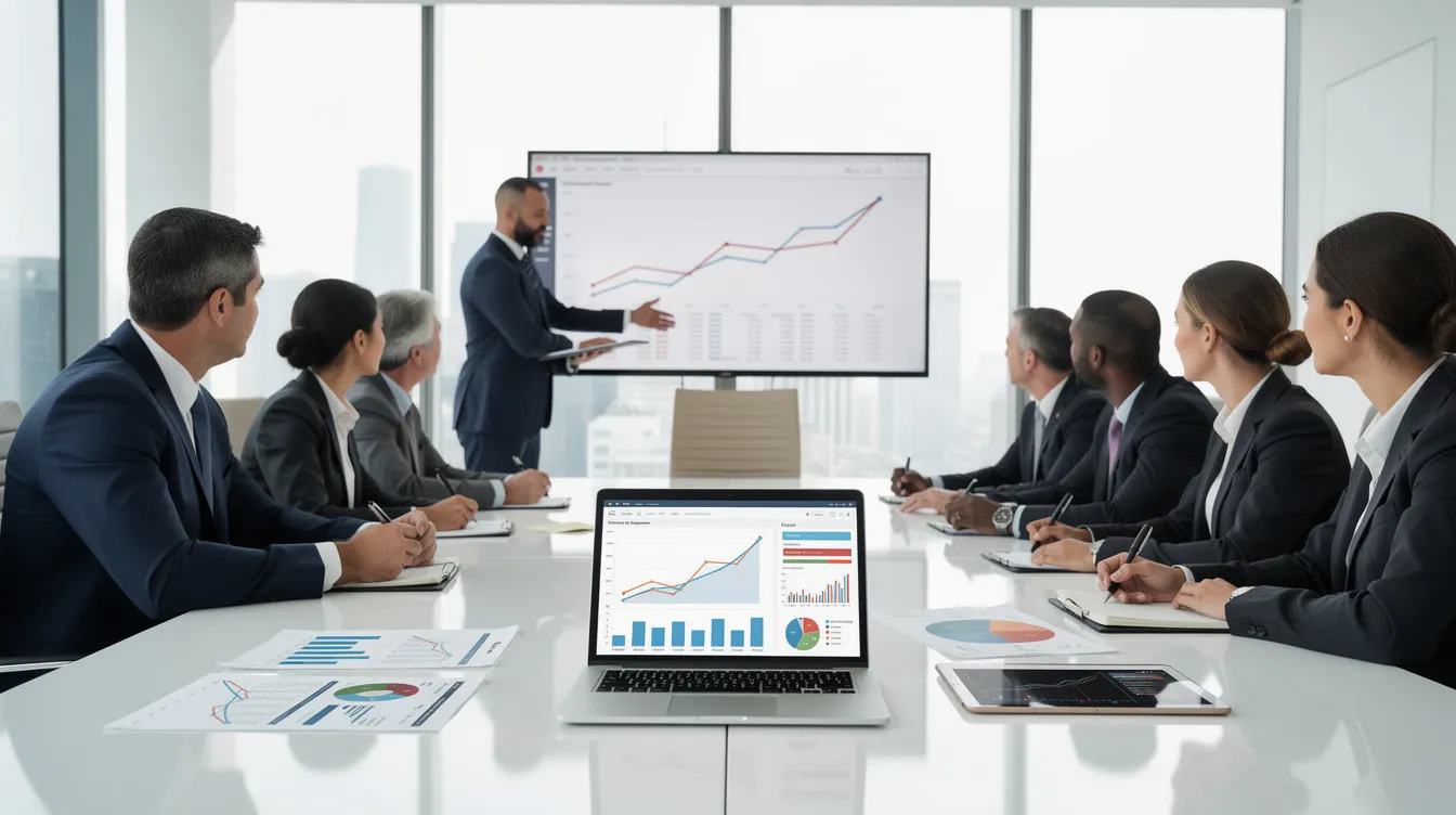 The image depicts a business meeting in a modern office, featuring a conference table surrounded by professionals discussing financial charts and a laptop, likely focused on hotel project costs and associated financial analysis in the hospitality industry. The setting suggests a detailed project report on hotel construction costs and industry trends.