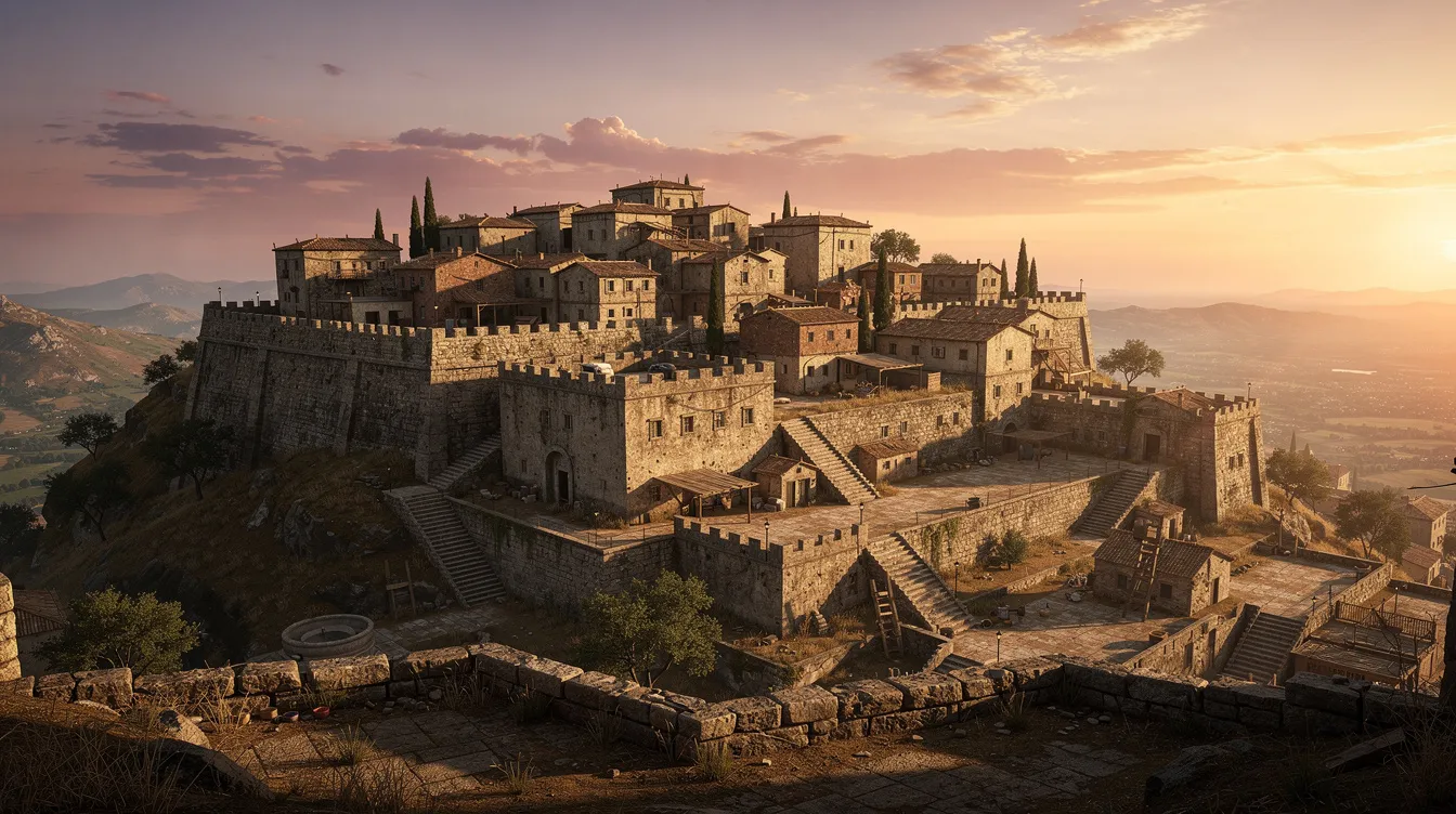 A panoramic view showcases an ancient hilltop city at sunset, featuring large stone buildings and courtyards, reminiscent of the temple complex that once stood in Jerusalem during the second temple period. The warm hues of the setting sun illuminate the sacred space, evoking the rich history and religious significance of Jewish tradition and life in ancient Israel.