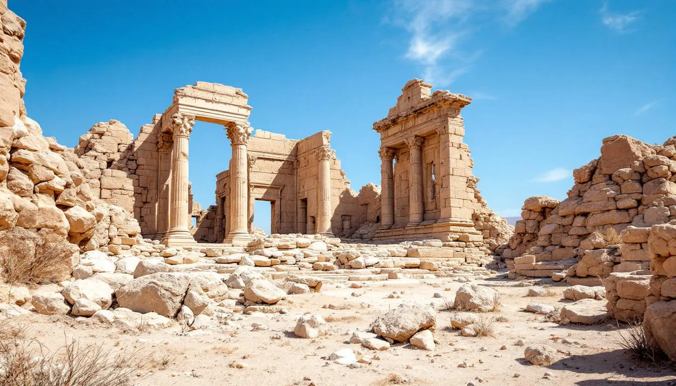 Ancient stone temple ruins stand majestically against a clear blue sky, surrounded by a rugged rocky landscape, evoking a sense of history and spirituality. This site, perfect for nature lovers and spiritual seekers, showcases the serene beauty of India's rich heritage amidst the natural habitat.