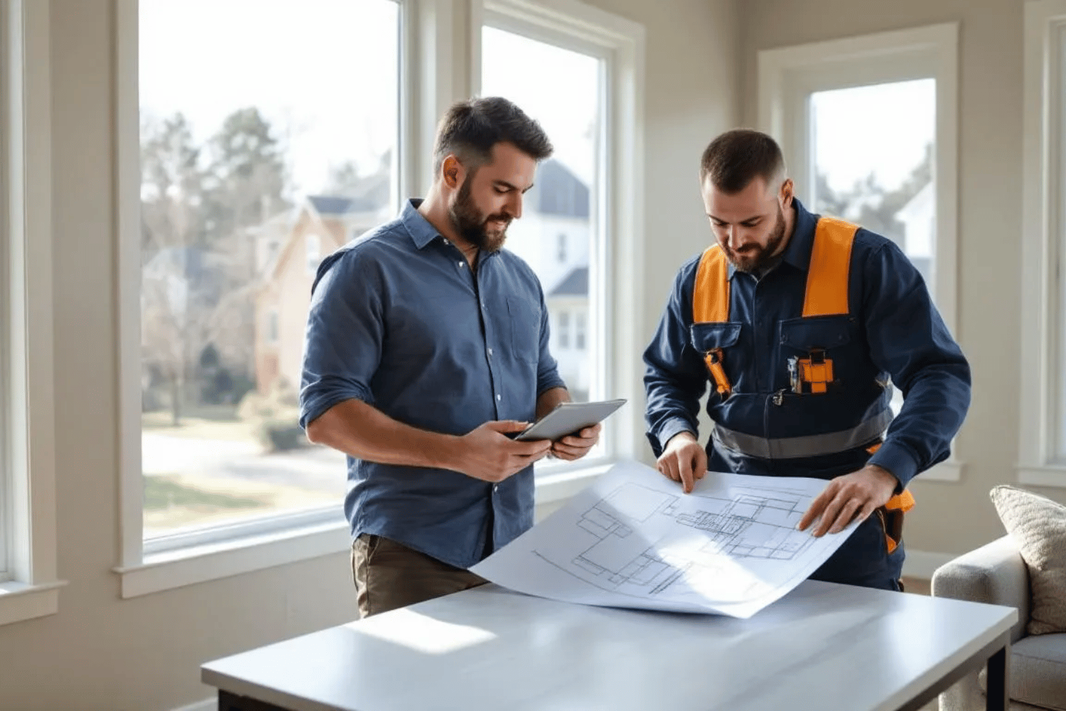 A Columbia homeowner is discussing window replacement plans with a professional contractor, focusing on energy-efficient windows and various styles such as double hung and casement windows. This meeting aims to help the homeowner make an informed decision about their window replacement project, considering factors like energy savings and installation costs.