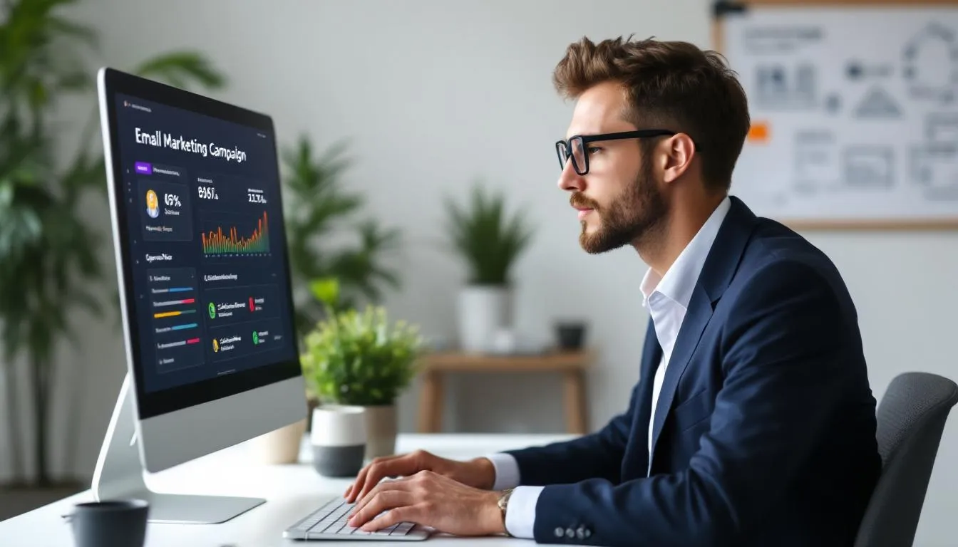 The image depicts a professional setting where an individual is focused on an email marketing campaign dashboard, analyzing data to enhance their marketing efforts. This scene highlights the importance of digital marketing strategies, particularly in B2B marketing, as the person utilizes marketing automation tools to engage with their target audience effectively.