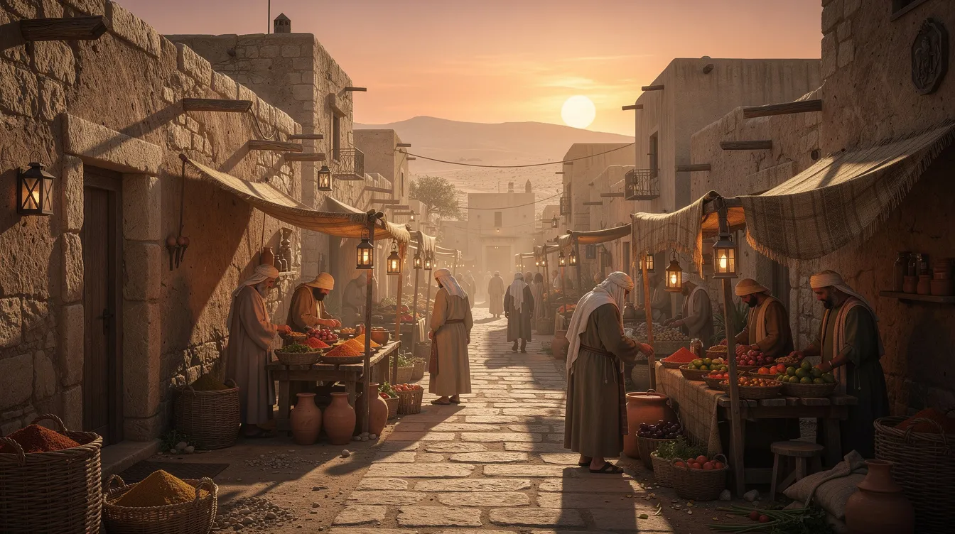 The image depicts an ancient Middle Eastern village at sunset, featuring stone buildings and a narrow marketplace bustling with daily life. The warm glow of the setting sun casts a holy light over the scene, evoking a sense of purity and honor reminiscent of biblical times.
