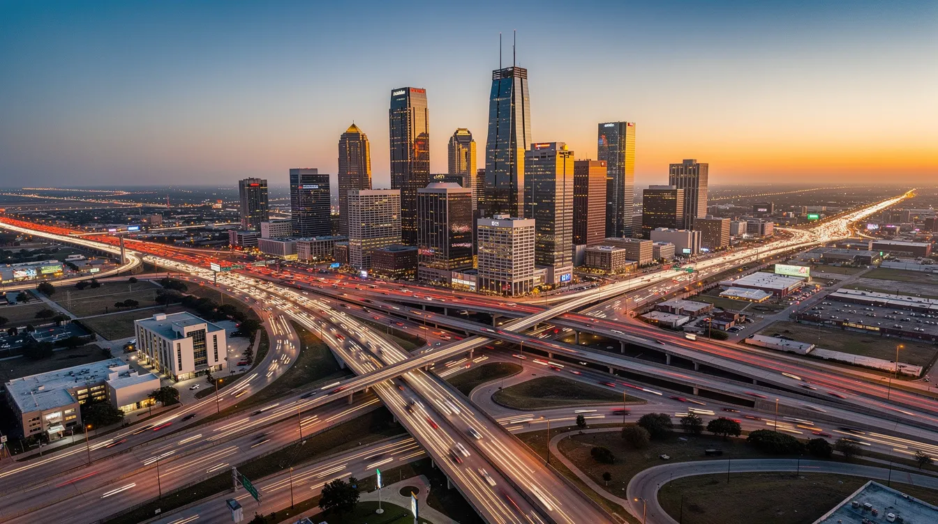 Vista aérea del skyline de Houston al atardecer, donde se pueden observar las luces de las autopistas iluminadas que serpentean entre los edificios. Esta imagen evoca la vida urbana en Houston, un lugar donde los accidentes de tráfico pueden ocurrir, y resalta la importancia de contar con un abogado especializado en accidentes para obtener la compensación adecuada.