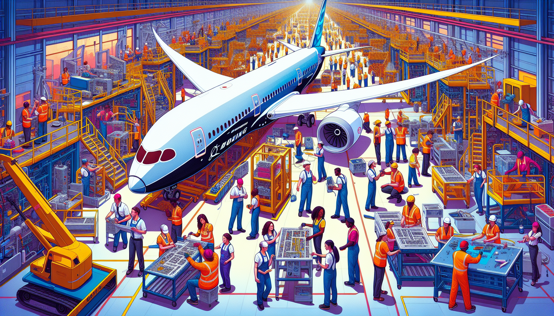 An illustration of the Boeing 787 Dreamliner production line.