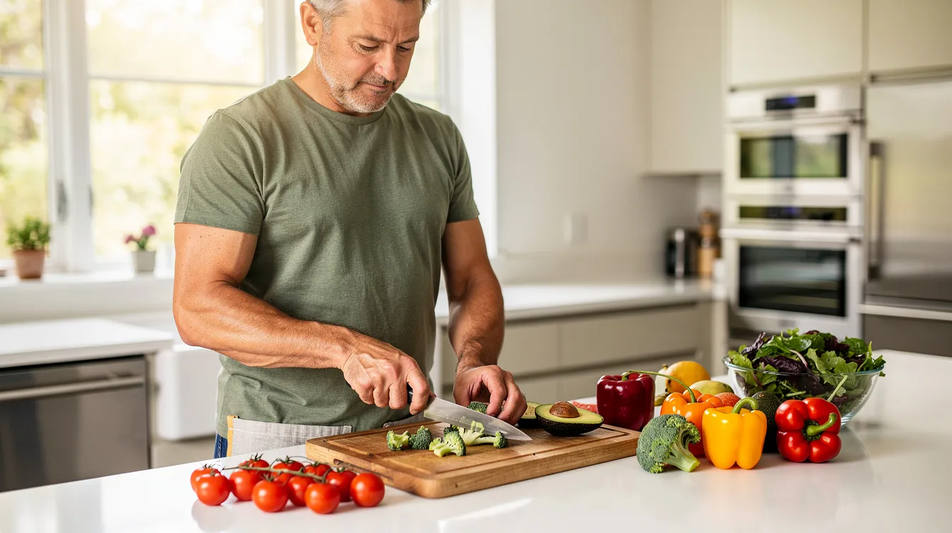 A middle-aged man is chopping fresh broccoli and slicing an avocado in a modern kitchen, emphasizing healthy eating as part of a lifestyle that supports healthy aging and combats age-related decline. The vibrant vegetables highlight the importance of nutrition in maintaining energy levels and muscle strength for older adults.
