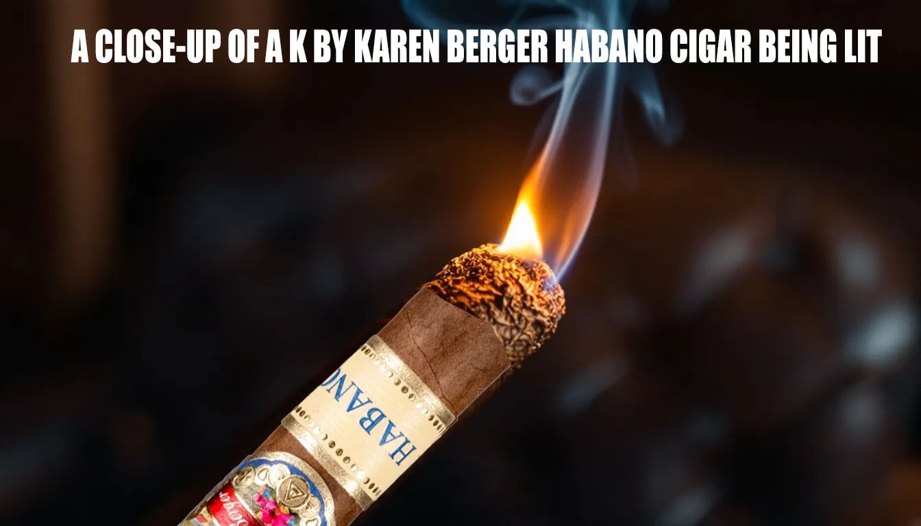 A close-up of a K by Karen Berger Habano cigar being lit.