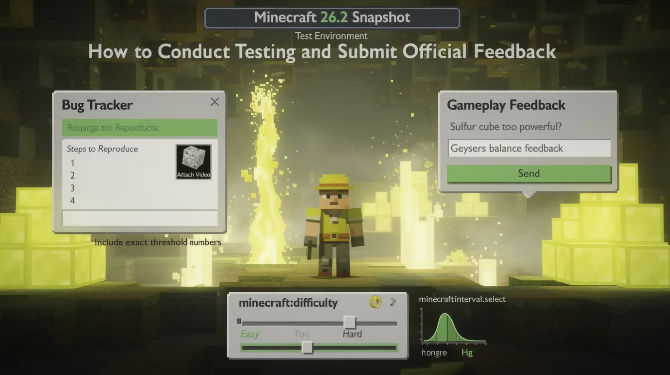 An instructional graphic illustrates how to conduct testing and submit official feedback for the Minecraft 26.2 Snapshot update. It features elements like sulfur caves, potent sulfur blocks, and geyser eruptions, emphasizing the importance of reporting bugs and providing gameplay feedback to enhance the gaming experience.