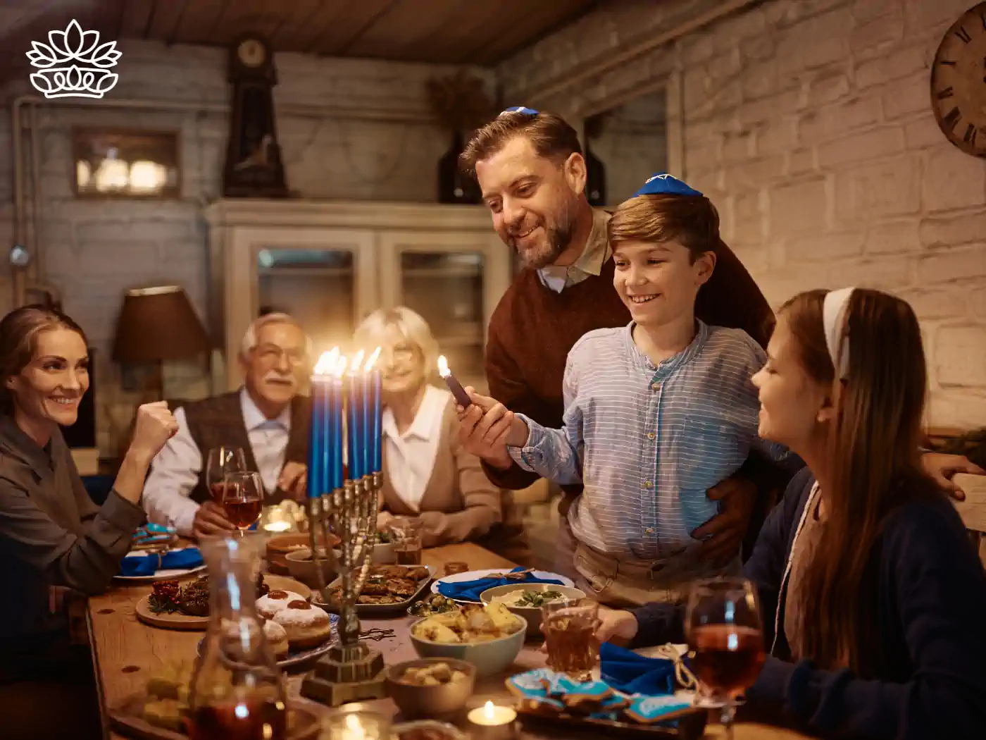 A family gathered around a table, lighting the Hanukkah menorah together in a warm, festive setting. Fabulous Flowers and Gifts - Hanukkah Collection.