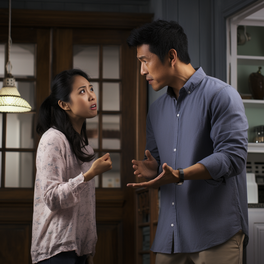 Asian couple in their mid-30s argue heatedly in their New York City apartment, tension evident in their expressions. The backdrop of Midtown Manhattan seen through a window contrasts their intimate dispute. A subtle hint of 'Loving at Your Best Marriage and Couples Counseling' indicates a potential remedy for their struggles, which are rooted in the challenges of Adult ADHD's time blindness.