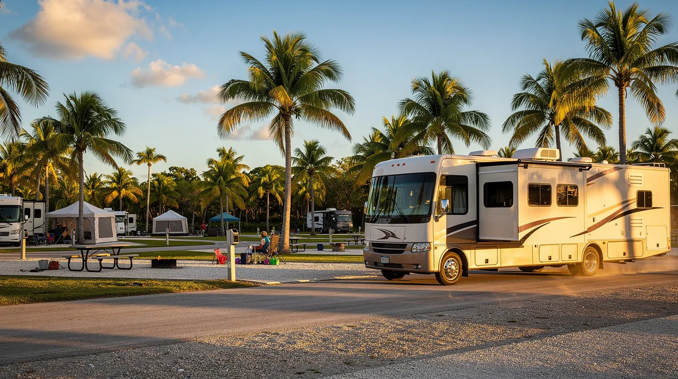 An RV is arriving at a sunny campground surrounded by palm trees, creating a picturesque setting for outdoor adventures. This scene highlights the appeal of RV transport services for travelers seeking relaxation and fun in nature.