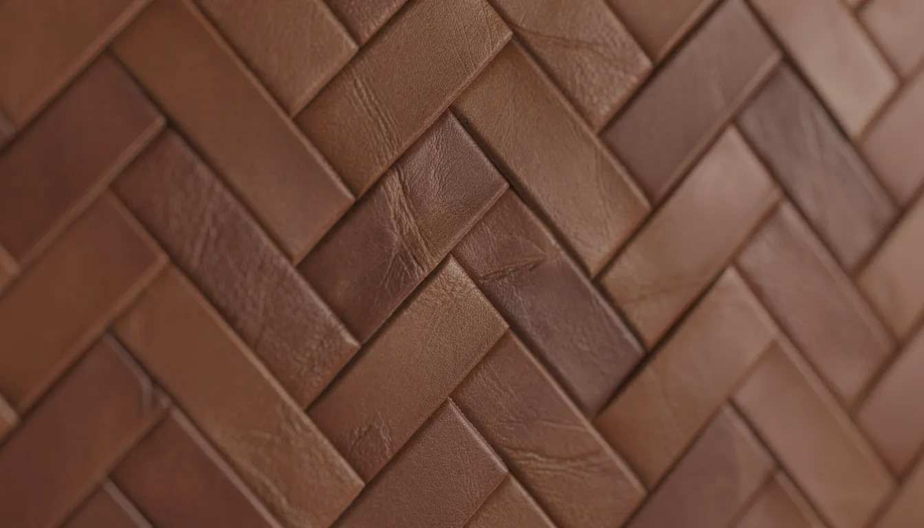 Close-up van cognackleurige leren wandtegels in een visgraatpatroon, die een luxe uitstraling geven aan de muur. De zachte verlichting accentueert de textuur en elegantie van deze wandbekleding, waardoor het een echte eyecatcher in elke ruimte is.