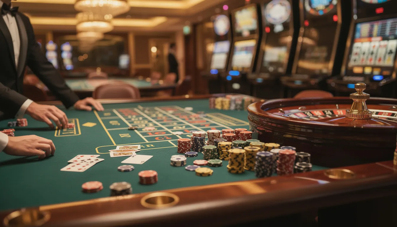 En bild av ett roulettbord i en livlig casinomiljö, med marker och kort spridda över ytan. Atmosfären är spännande och inbjudande, perfekt för spelare som vill uppleva spänningen hos Mr Green casino.