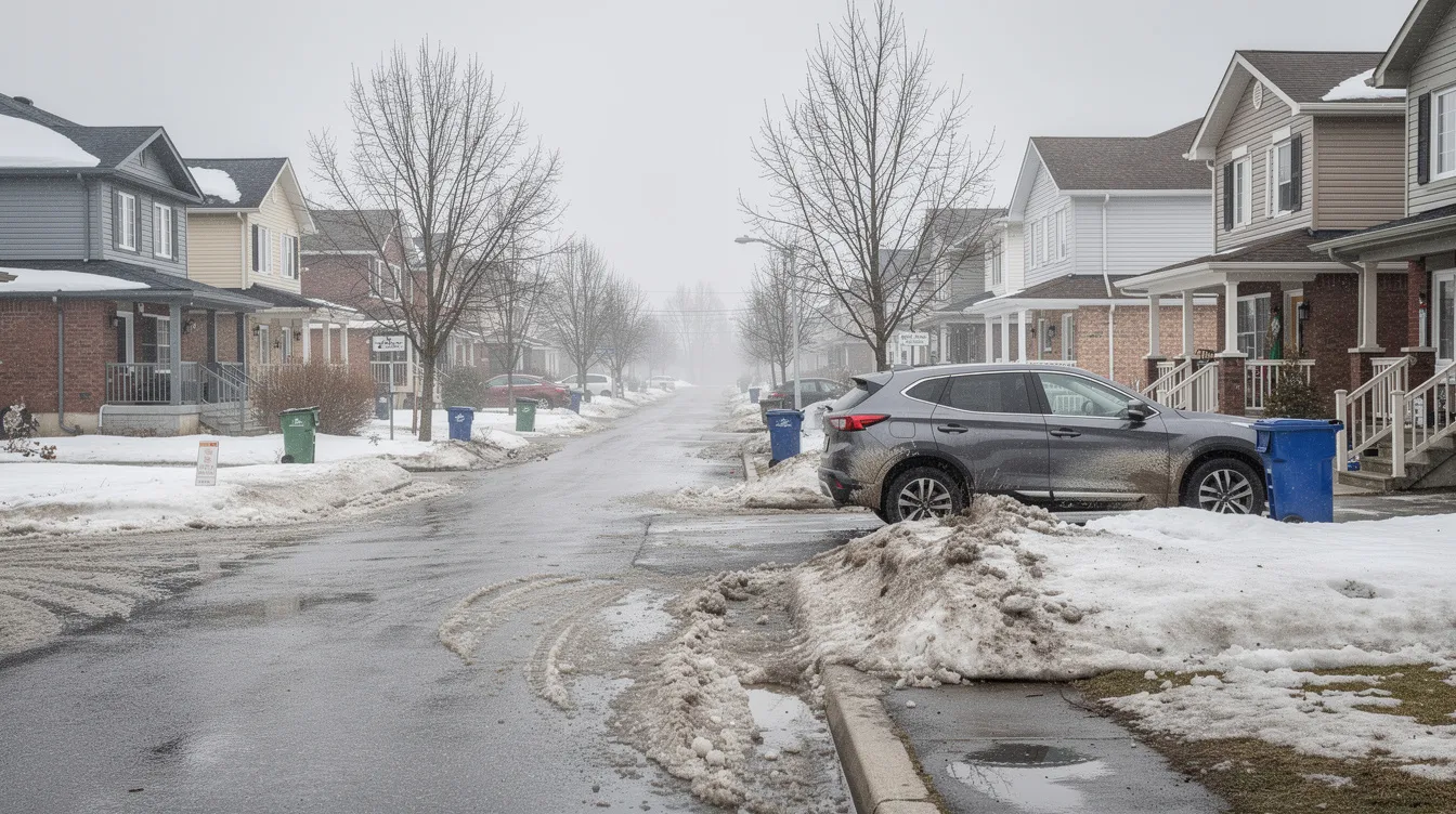 The image depicts a Canadian suburban street in late winter, showcasing a parked SUV surrounded by melting snow, signaling the transition to early spring. This scene highlights the importance of considering winter tires, as they provide enhanced traction and safety during the winter season, and purchasing them early can lead to significant savings.