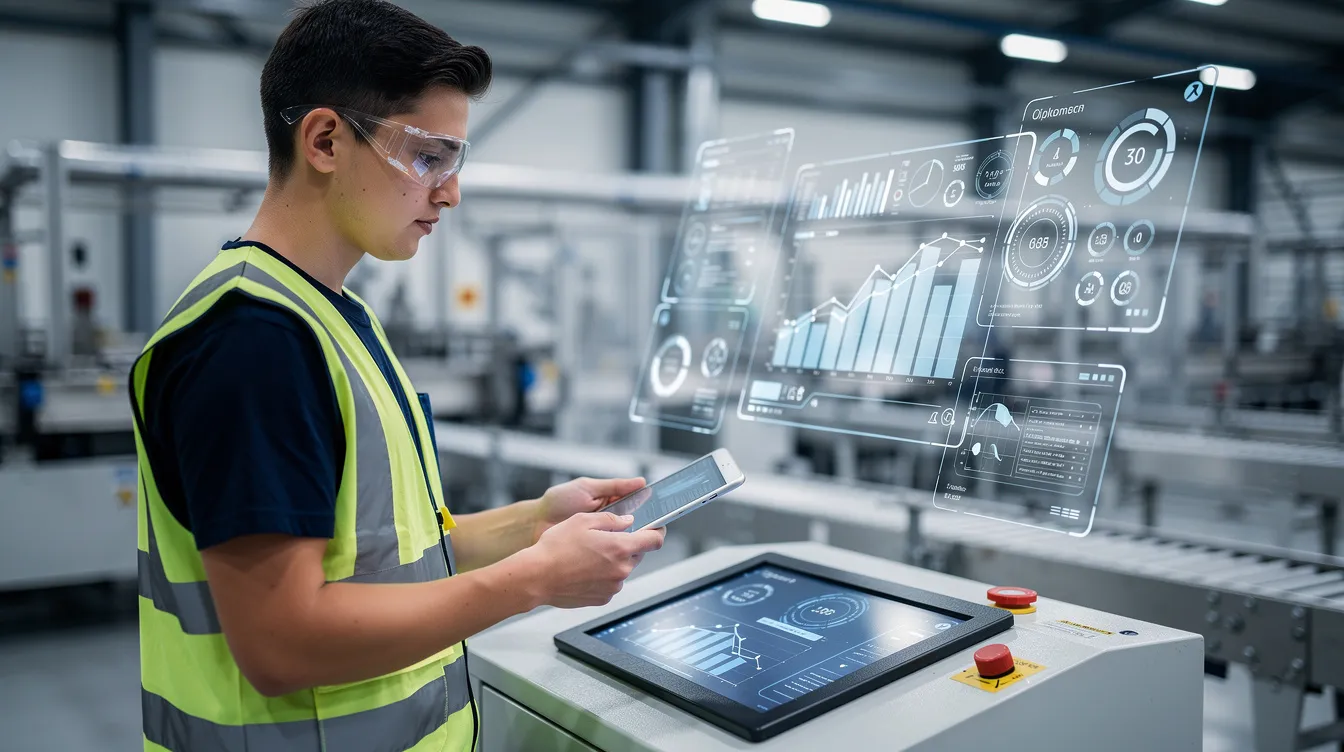 The image depicts a young worker wearing safety glasses, actively using digital tools and a tablet at a modern industrial workstation, showcasing the technical expertise required in skilled trades such as electrical systems and advanced manufacturing. This scene highlights the importance of skilled trade jobs in today's workforce, emphasizing the growing demand for professionals in fields like industrial mechanics and aircraft mechanics.