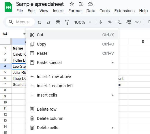 A screenshot of the right-click menu in Google Sheets.