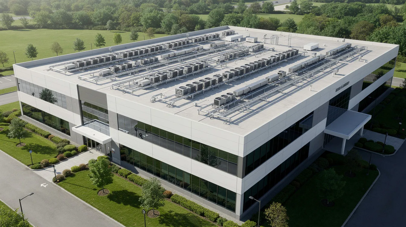 The image depicts a modern data center building featuring rows of cooling units on its roof, set against a backdrop of lush green landscape. This facility represents the intersection of technology and sustainability, highlighting the growing importance of data management in the age of artificial intelligence.