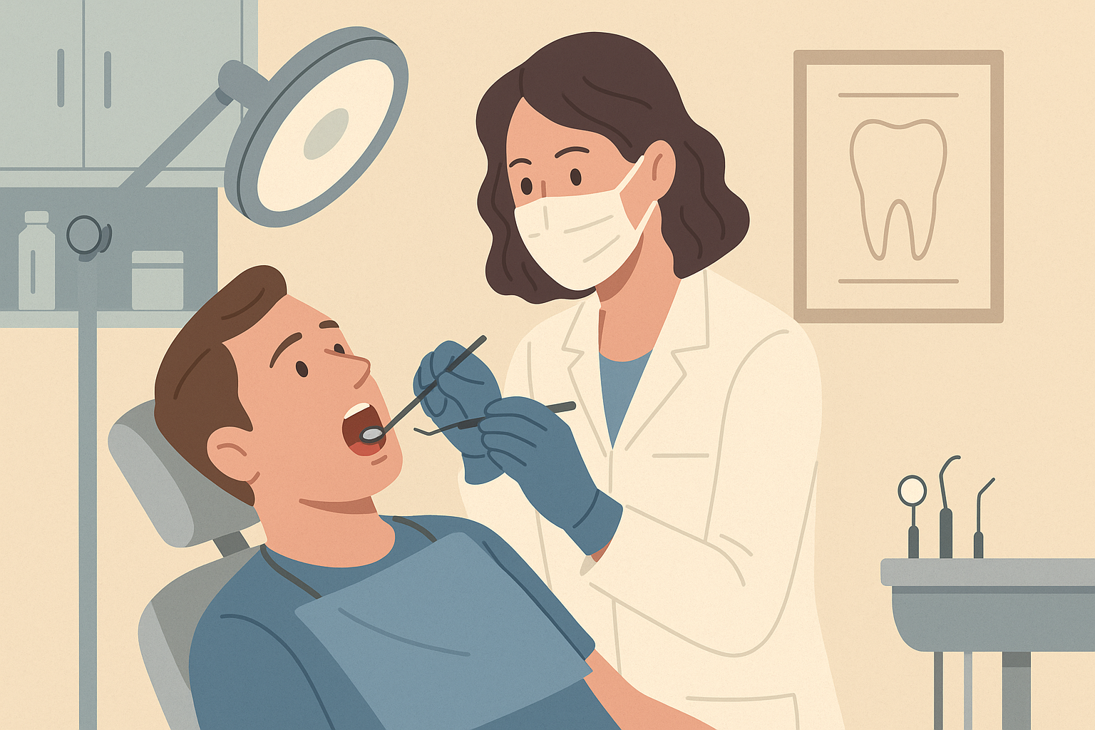  "Illustrasjon av tannlege som undersøker pasient i tannlegestol med speil og instrumenter i klinikk."