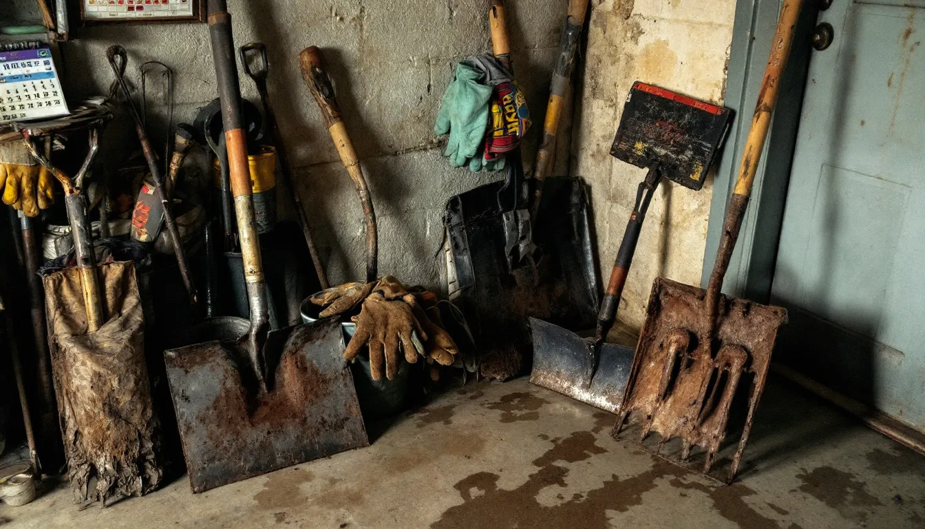 The image depicts a cluttered garage corner filled with broken gardening tools and winter equipment, showcasing a collection of worn-out items that occupy valuable garage storage space. This scene highlights the need for a garage cleanout to restore functionality and create more space in the garage.