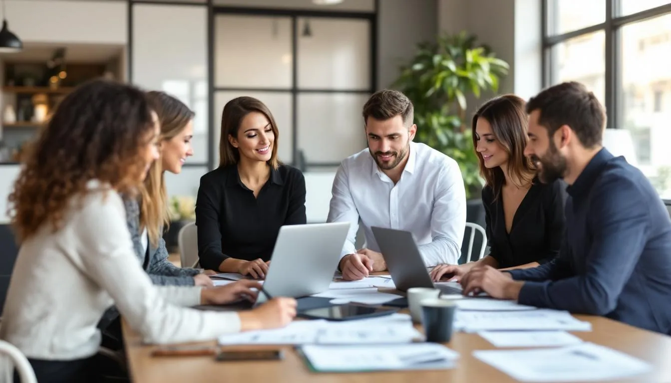 Un equipo de salón de belleza se encuentra reunido alrededor de una mesa, revisando datos en una laptop. Están analizando información sobre clientes y estrategias de fidelización, utilizando software de gestión para mejorar la atención y el servicio en su negocio.